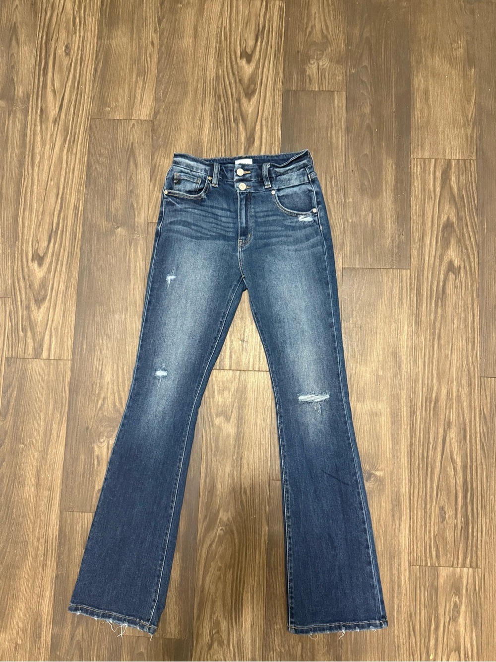 KanCan Dark Blue High-Rise Flare Jeans with Light Distressing